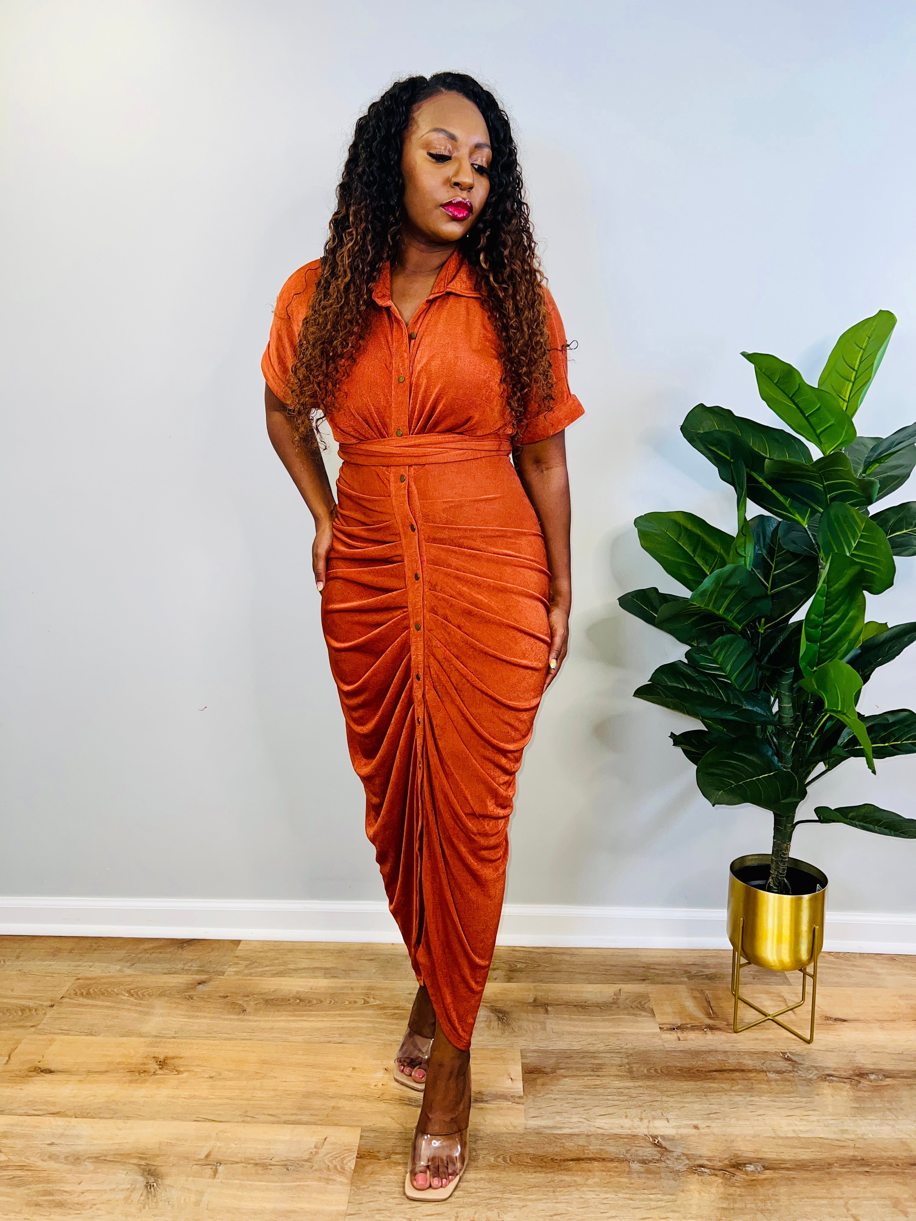 Deja - Button Front Tie Ruched Shirt Dress