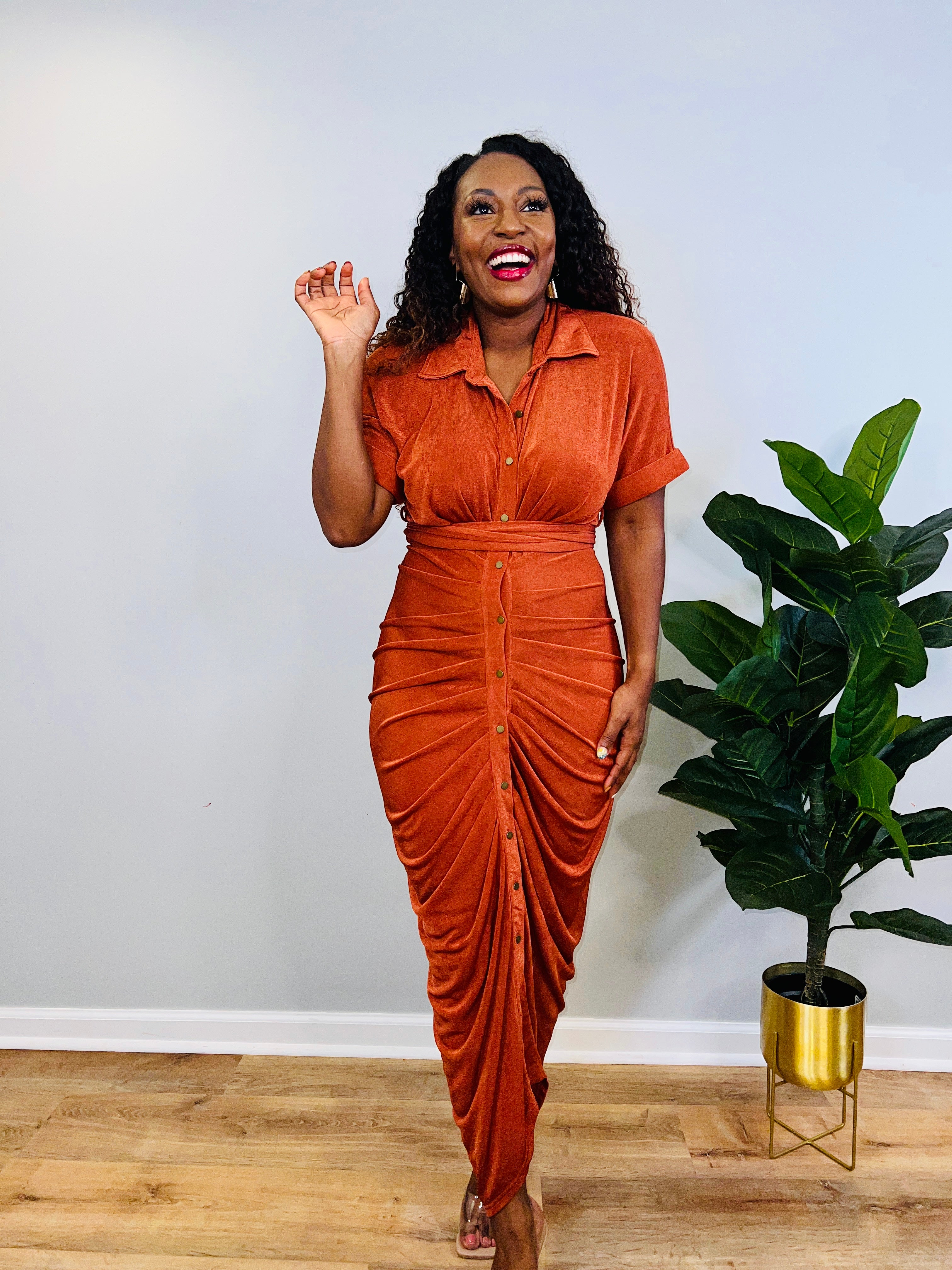 Deja - Button Front Tie Ruched Shirt Dress