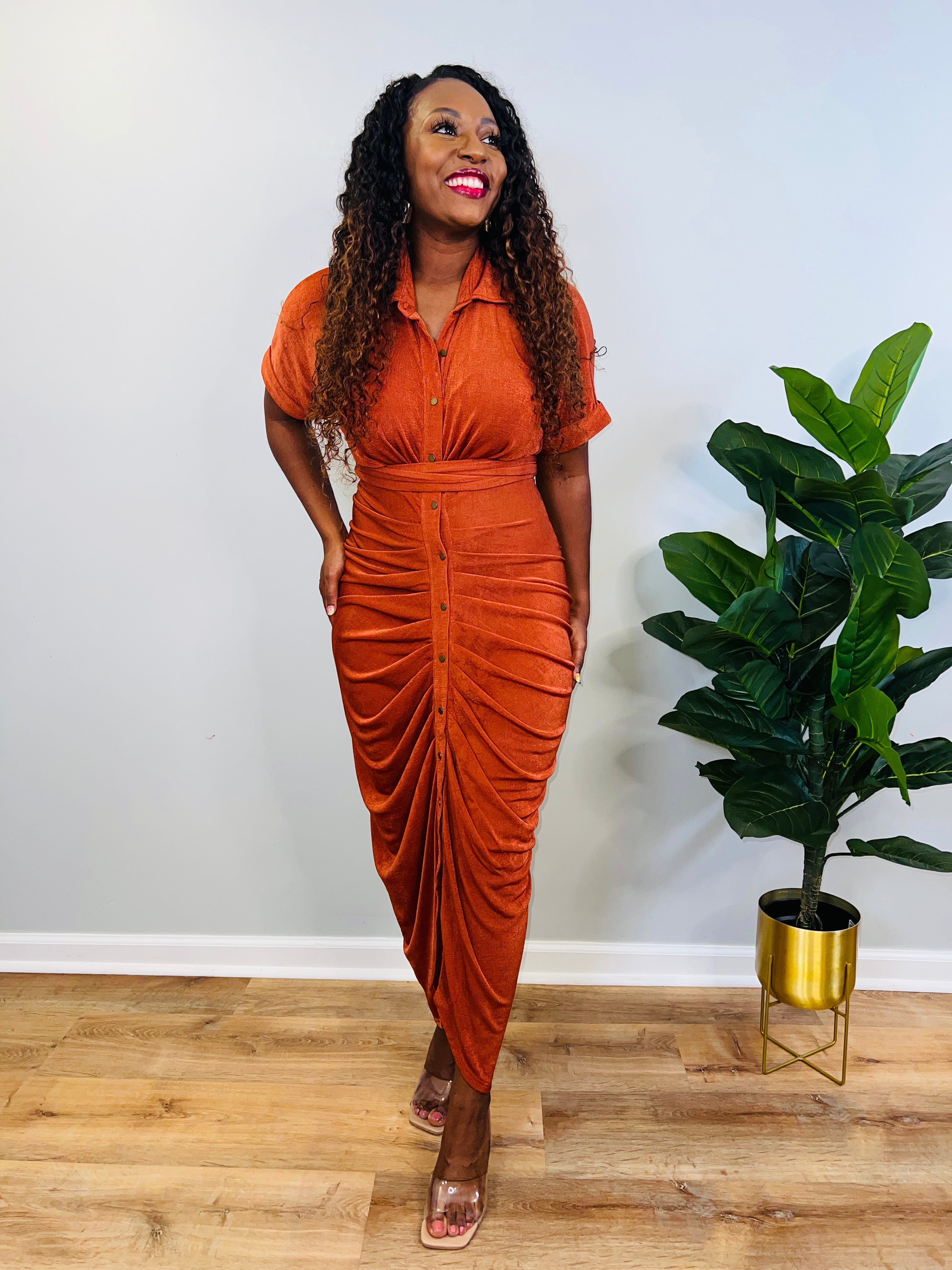 Deja - Button Front Tie Ruched Shirt Dress