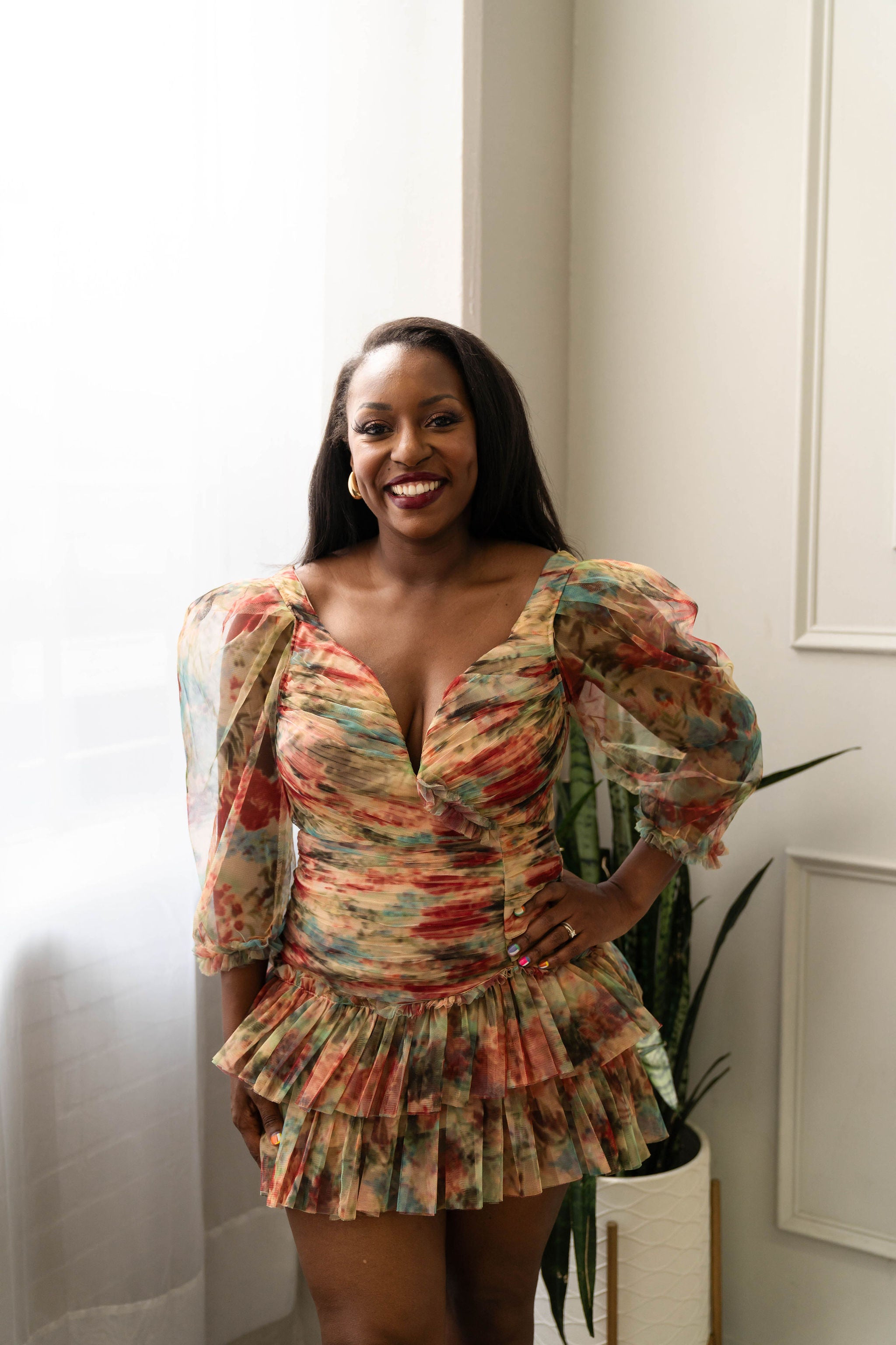 Mila - Mesh Print Elbow Sleeve Mini Dress