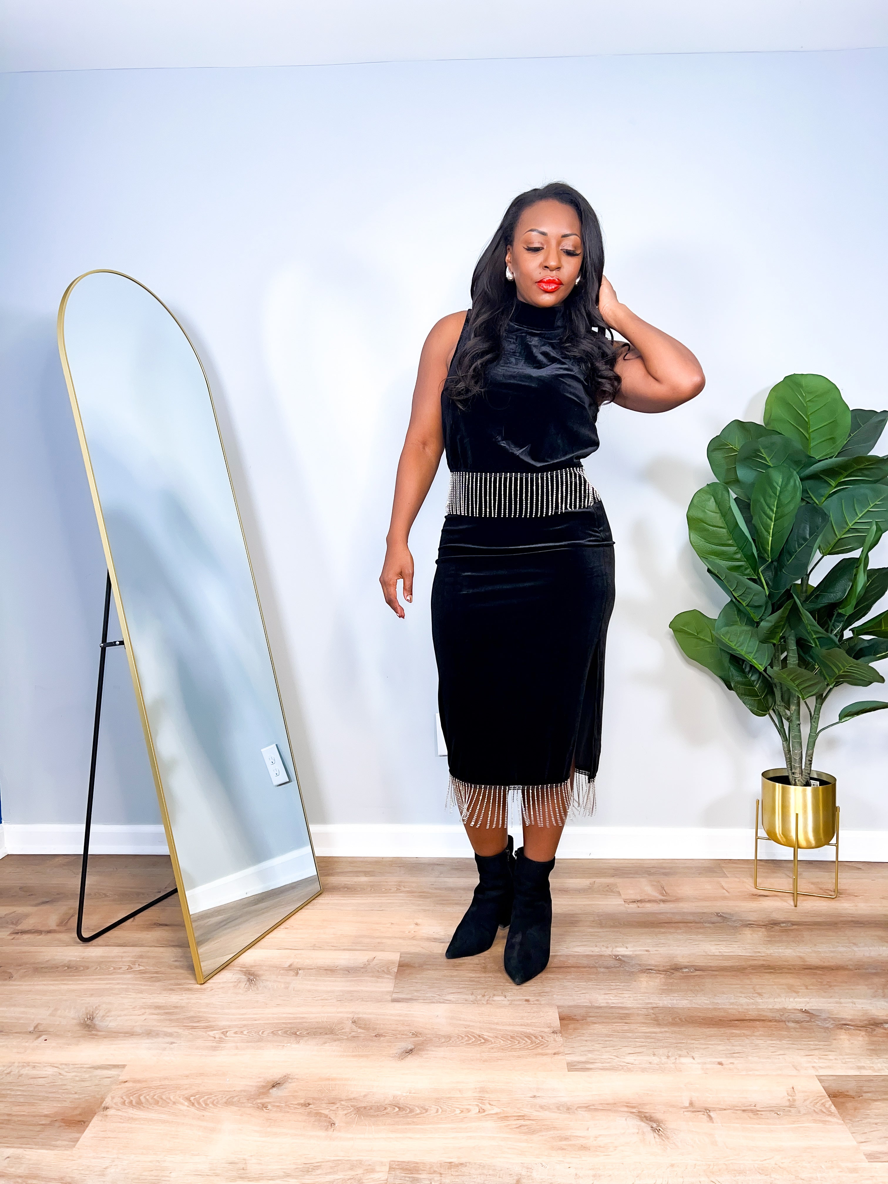 Quinn - Sleevless 2 Piece Skirt Set with Rhinestone Fringe