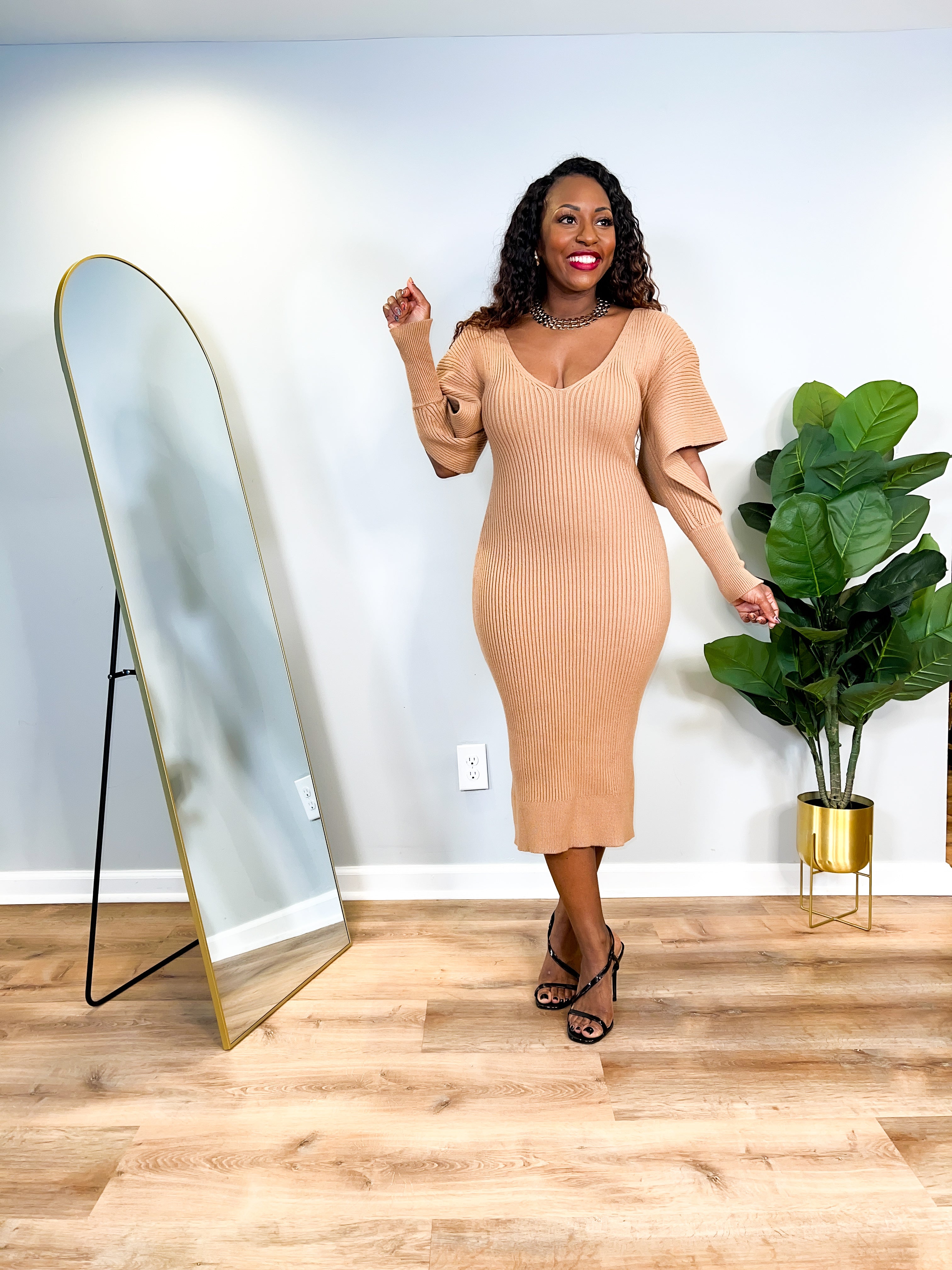 Wren - V Neck Hollow Sleeve Midi Dress