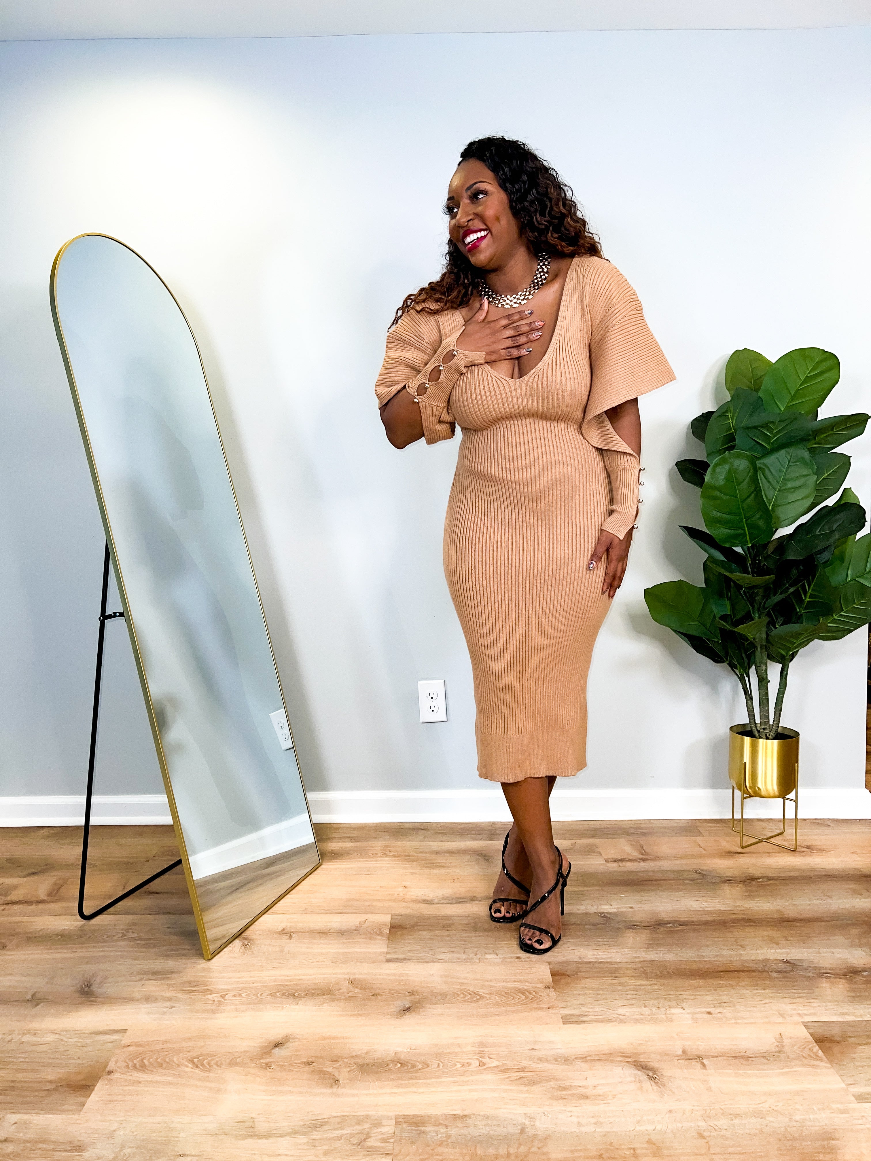 Wren - V Neck Hollow Sleeve Midi Dress