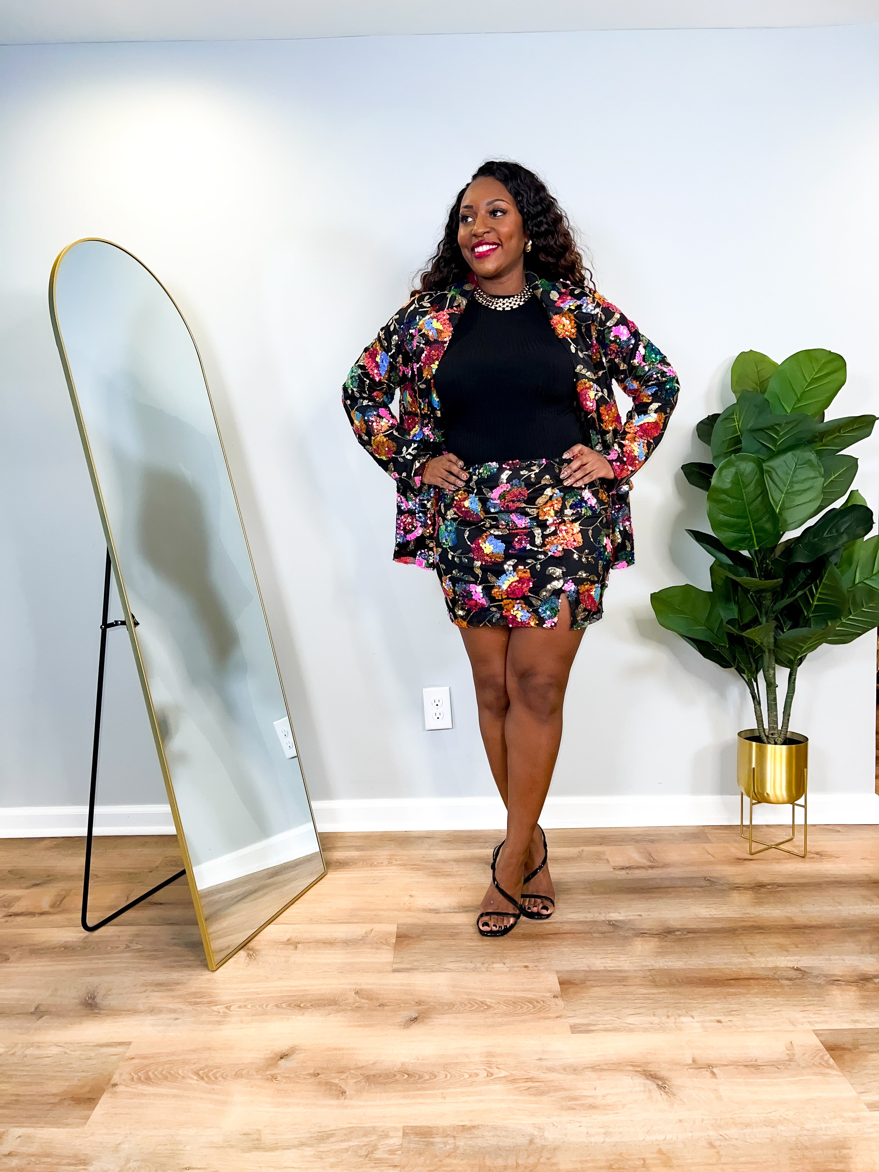 Opal -  Flower Sequin Blazer Skirt Set