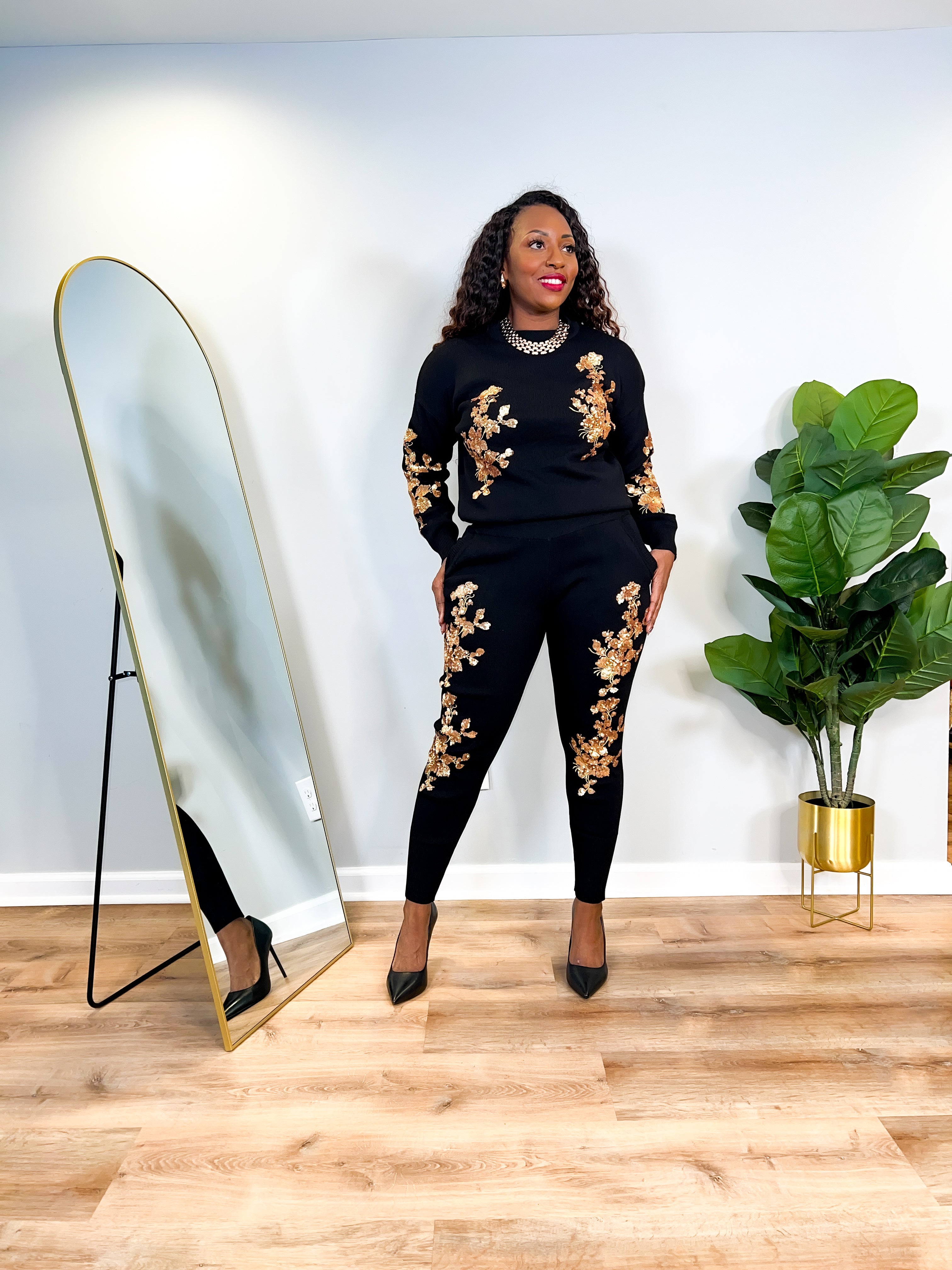 Hazel - Sequin Flower Embroidered Pant Set