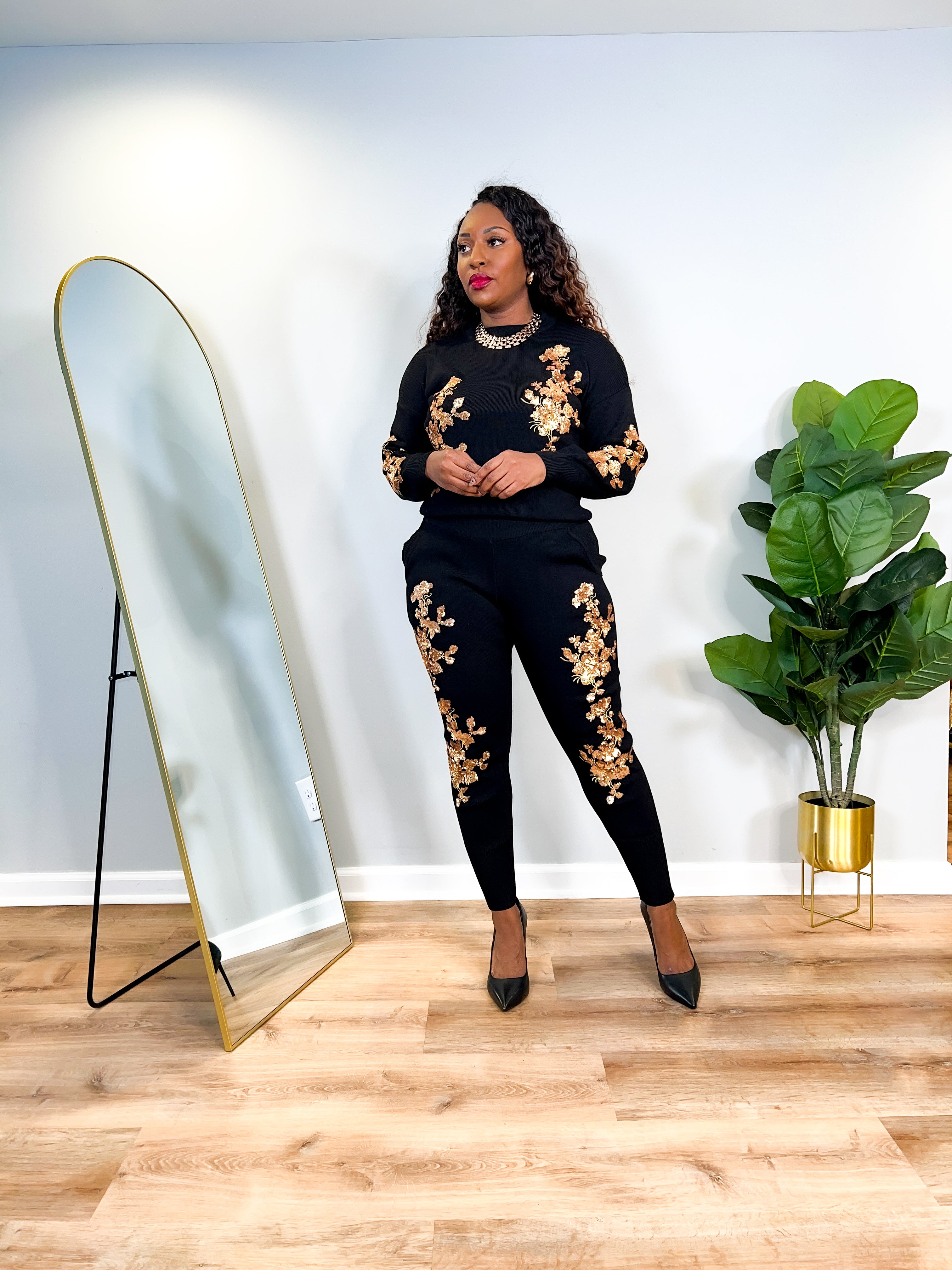 Hazel - Sequin Flower Embroidered Pant Set