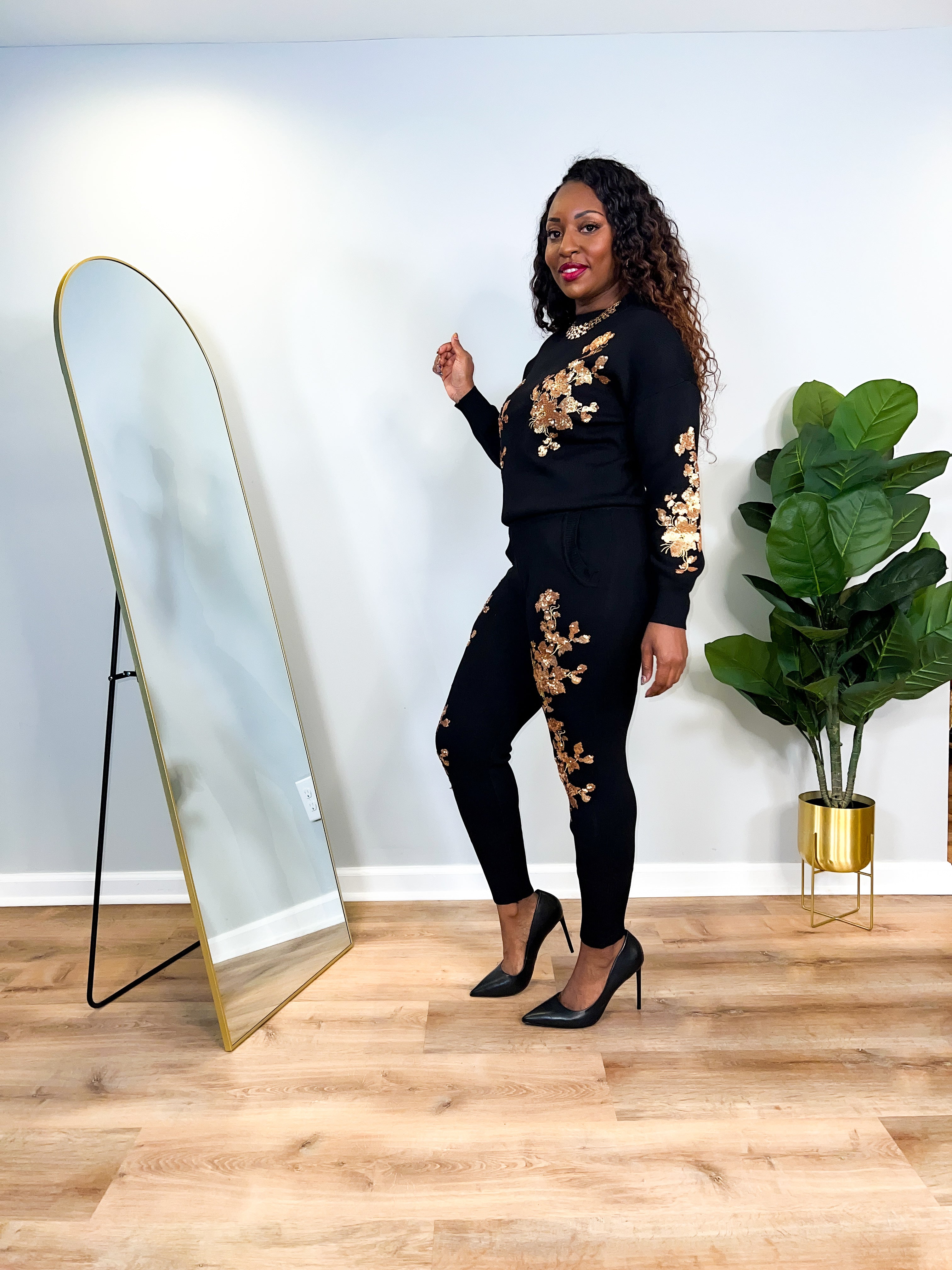 Hazel - Sequin Flower Embroidered Pant Set