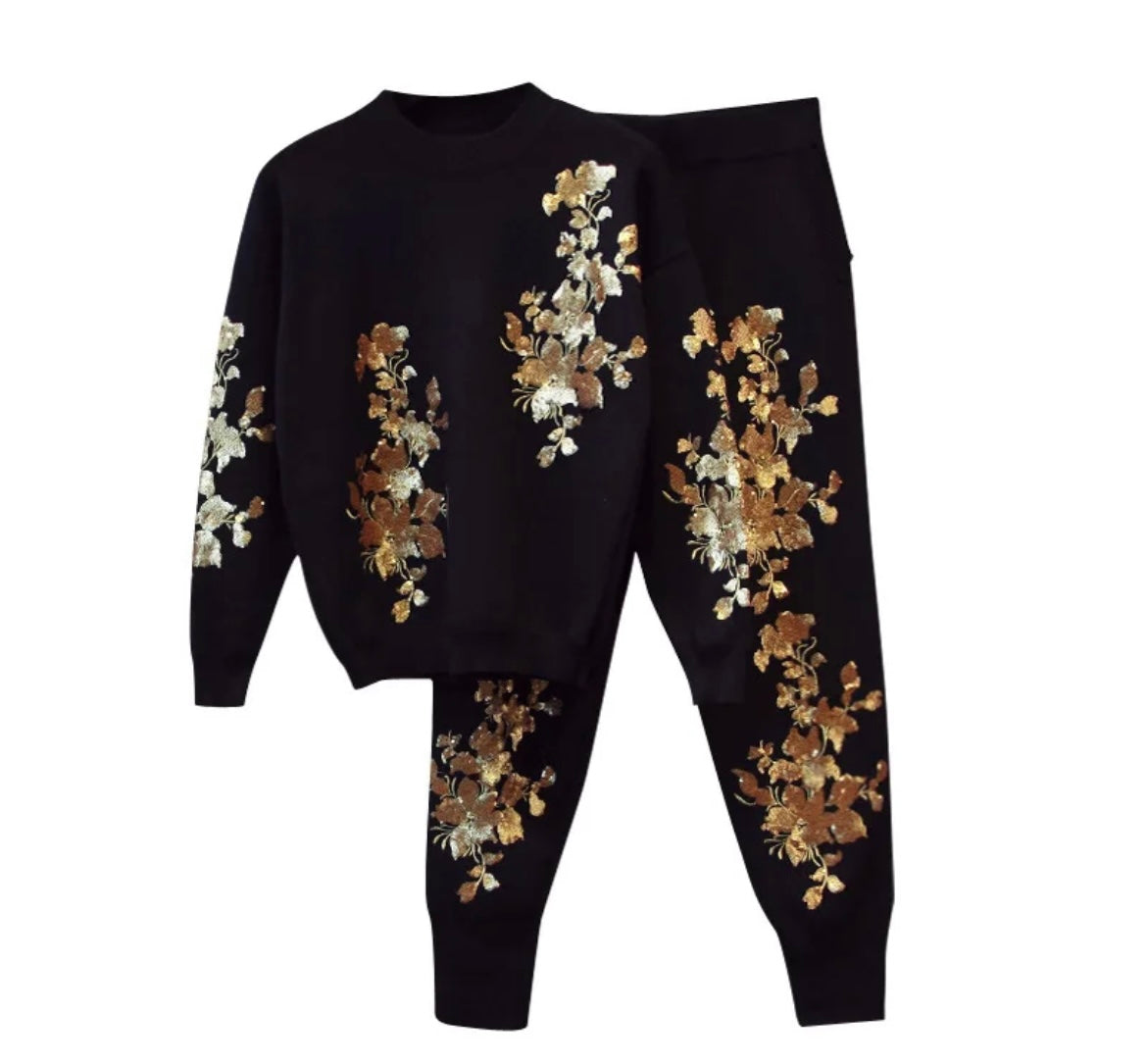 Hazel - Sequin Flower Embroidered Pant Set