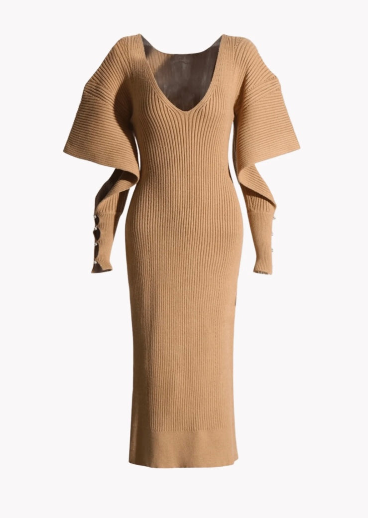 Wren - V Neck Hollow Sleeve Midi Dress
